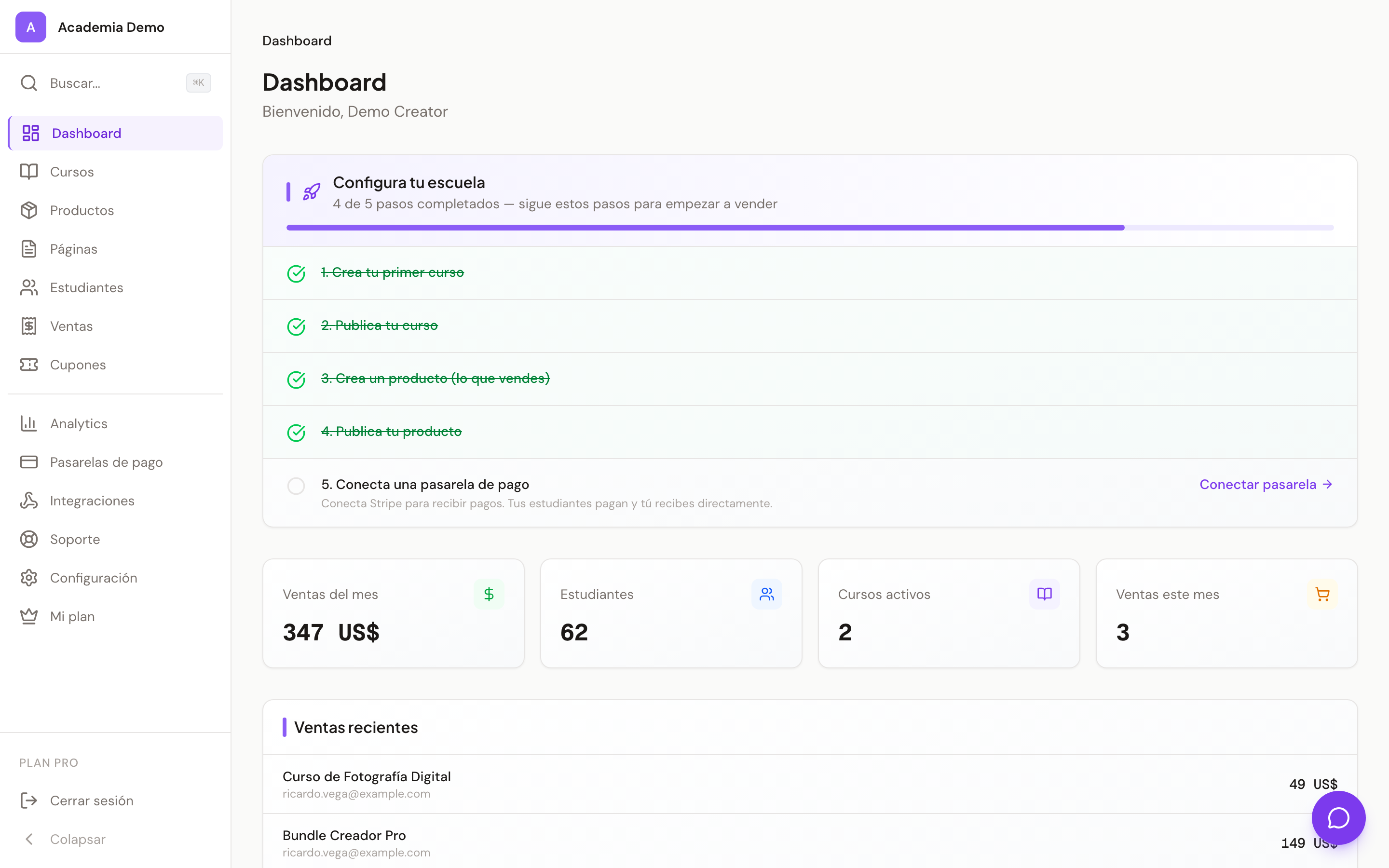 Dashboard del creador en Cursio