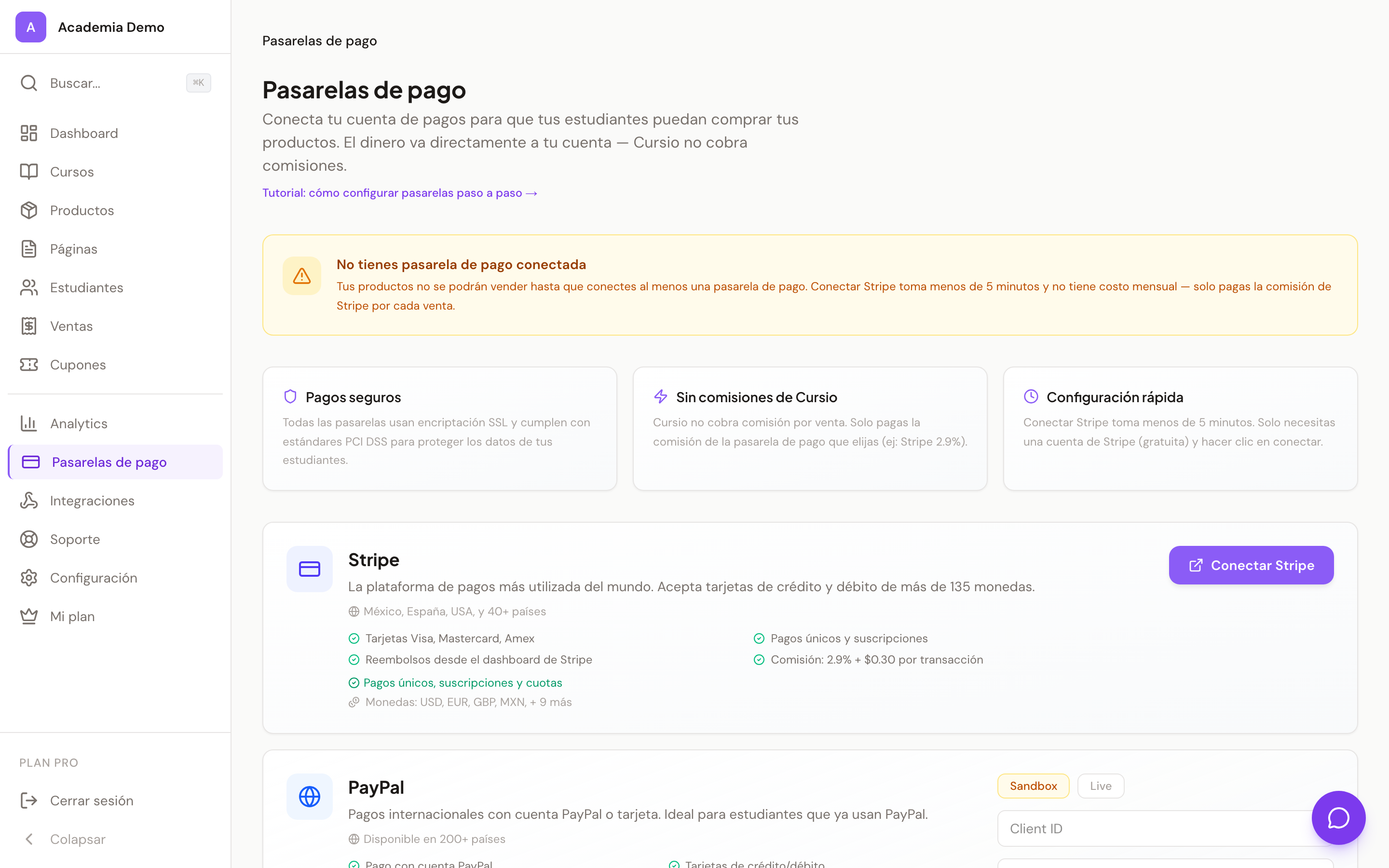 Configuración de pasarelas de pago en Cursio