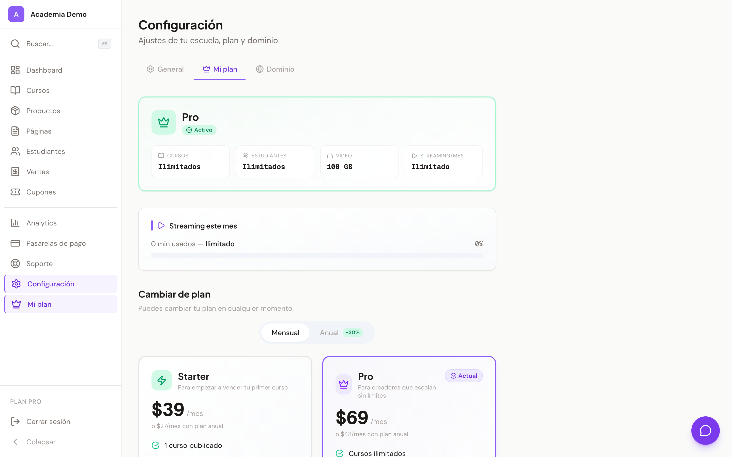 Panel de plan y facturación en Cursio