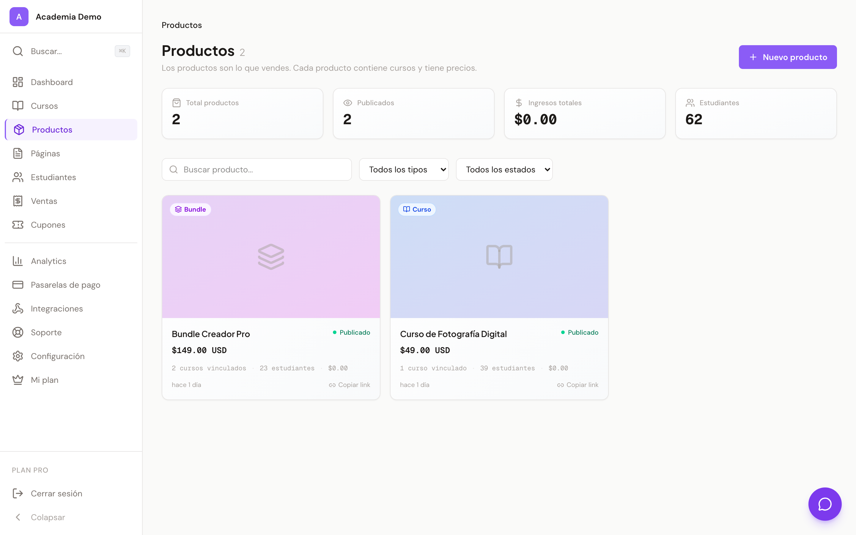 Listado de productos en el panel de Cursio
